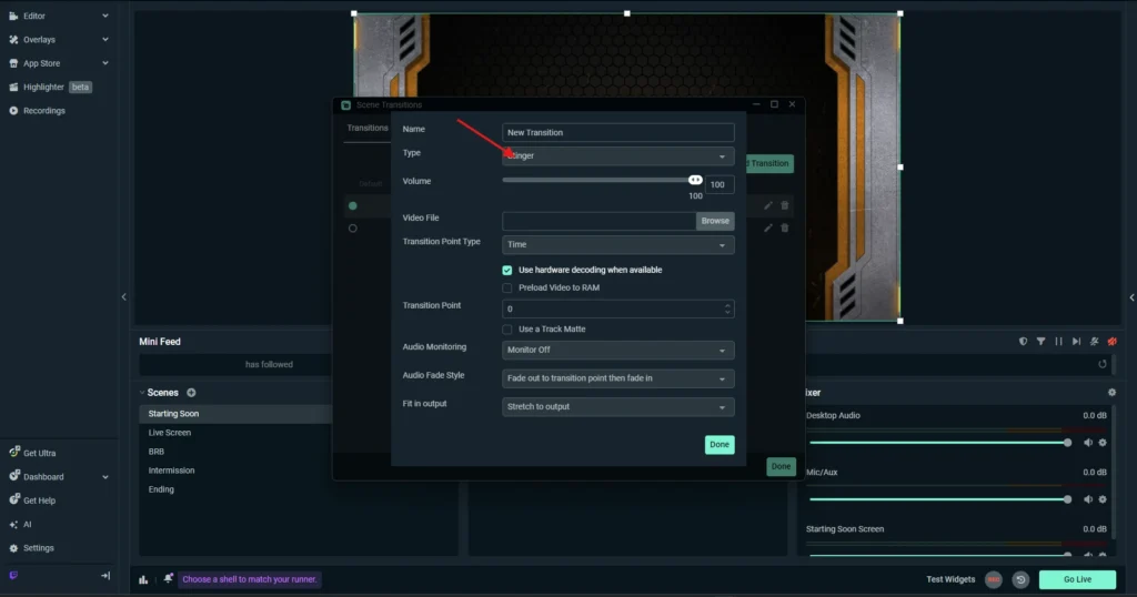 Select Type Transition to Stinger